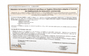 Attestation spécifique de formation à l'hygiène alimentaire adaptée aux établissements de la restauration commerciale